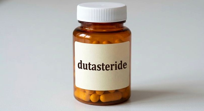 An amber pill bottle of dutasteride capsules