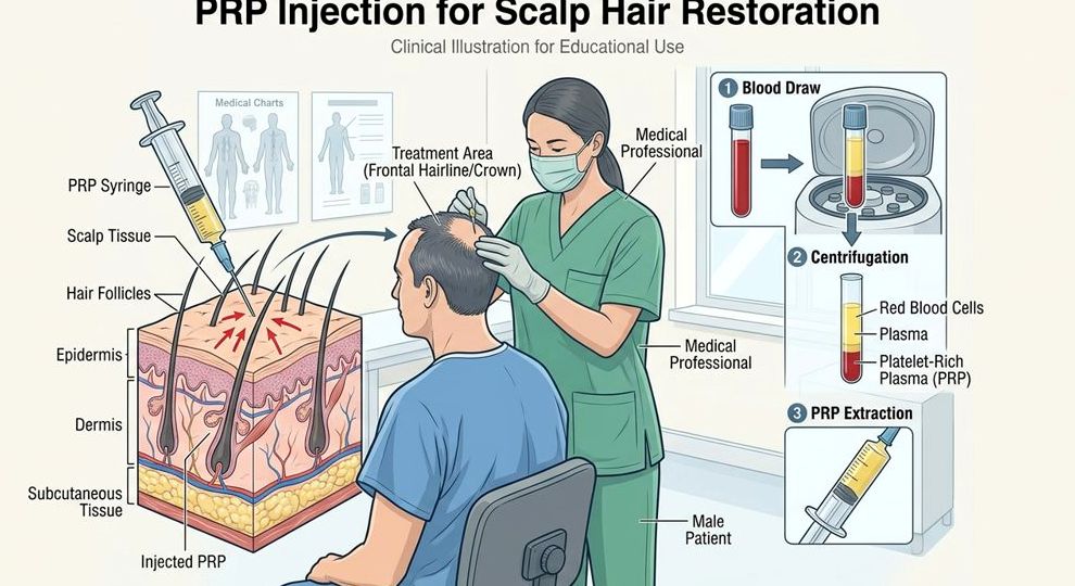 Illustration of a PRP injection for scalp hair restoration — blood draw, centrifugation, and injection into follicles